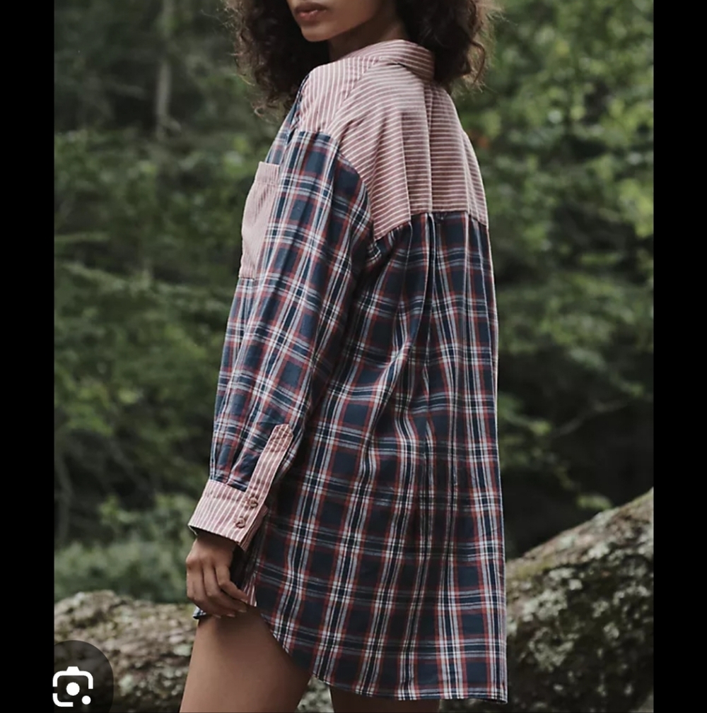 Anthropologie Cotton Boyfriend Shirt Long-Sleeve Tunic Mini Dress Plaid - Picture 2 of 9